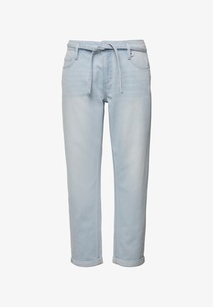 Lichtblauwe denim jeans met een relaxte pasvorm, opgerolde manchetten, een koordsluiting in de taille en voorzakken. De stof heeft een gladde textuur.