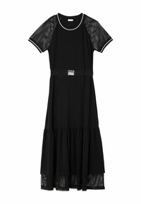 Czarna sukienka z warstwową spódnicą, krótkimi siateczkowymi rękawami i okrągłym dekoltem. Posiada materiałowy pasek z metalową klamrą. Akcenty z teksturowanej siateczki.