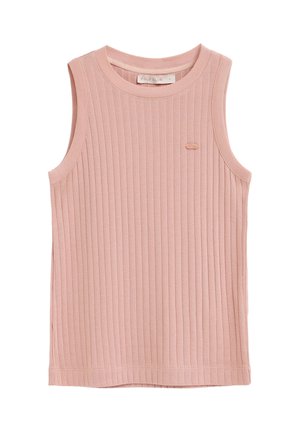 Débardeur en tricot côtelé sans manches de couleur rose doux avec col rond et petit logo cousu sur le côté gauche de la poitrine.