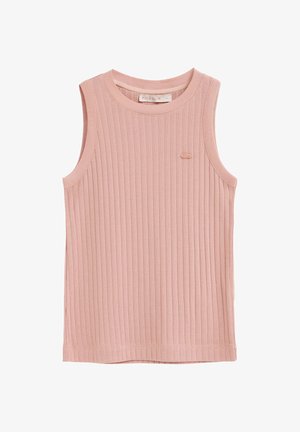 Débardeur en tricot côtelé sans manches de couleur rose doux avec col rond et petit logo cousu sur le côté gauche de la poitrine.