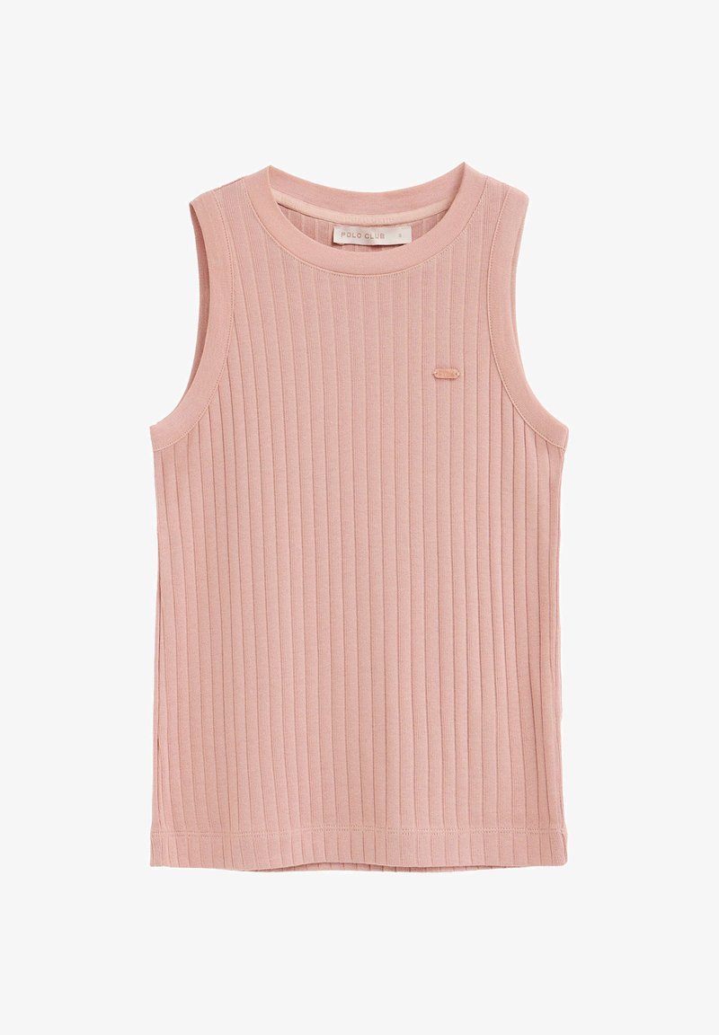 Bezrekawnikowy prążkowany top dzianinowy w miękkim różowym kolorze, z okrągłym dekoltem i małym naszytym logo na lewej piersi.