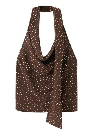 Haut marron à col halter avec des pois blancs et un long détail d'écharpe drapé sur le devant, sans manches.