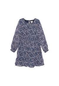 Pitkähihaisuus mekko tummansinisena, jossa on kukkakuvio vaaleanpunaisen sävyissä. Smukattu vyötärö, röyhelöhelma ja nappikiinnitys takana.