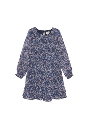 Langärmliges Kleid in Marineblau mit floralem Muster in Rosatönen. Geraffte Taille, schwingender Saum und Knopfverschluss am Rücken.