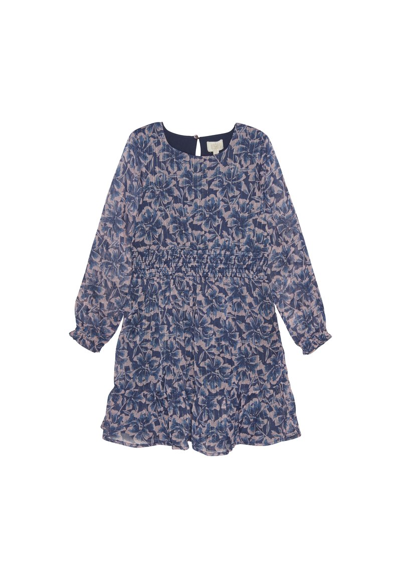 Pitkähihaisuus mekko tummansinisena, jossa on kukkakuvio vaaleanpunaisen sävyissä. Smukattu vyötärö, röyhelöhelma ja nappikiinnitys takana.