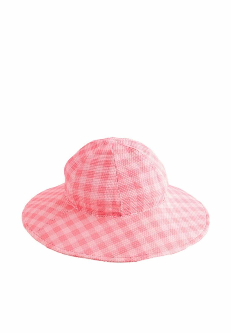 Chapeau de soleil à motif vichy rose avec un large bord et une couronne arrondie, fabriqué en tissu texturé. Convient pour une utilisation en extérieur.