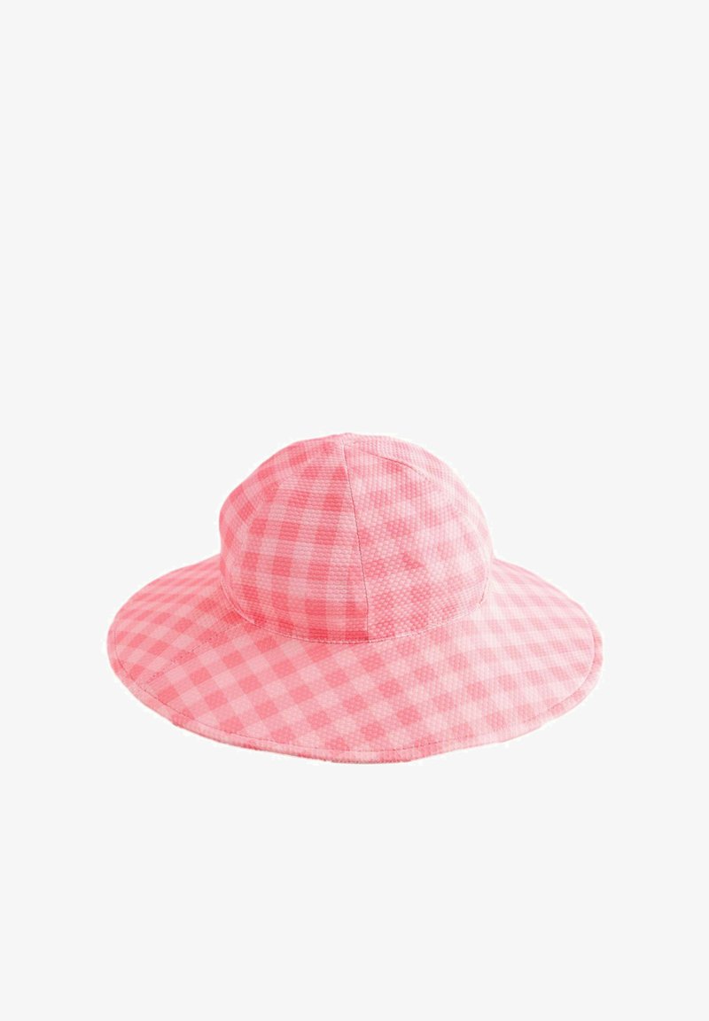 Pink gingham-patterned sun hat with a wide brim and rounded crown, made from textured fabric. Suitable for outdoor use.