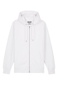 Felpa bianca con zip, cappuccio regolabile e tasche frontali. Presenta polsini e orlo a costine. Realizzata in tessuto morbido, con un'etichetta all'interno.