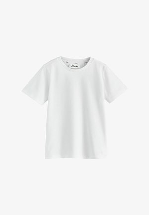 Weißes Kurzarm-T-Shirt aus weicher Baumwolle. Mit Rundhalsausschnitt und schlichtem Design, wobei ein Etikett im Nacken sichtbar ist.