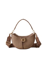 Brown leather handbag with a textured finish, half-moon shape, gold hardware, and a detachable strap featuring a logo pattern. Round clasp detail.