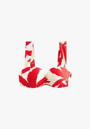 Horný diel bikín v krémovej farbe s veľkým červeným kvetinovým vzorom. Má široké ramienka a zhrnuté detaily v strede. Mäkko, elastický materiál.