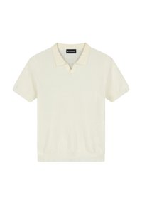 Getextureerde crèmekleurige polo met korte mouwen, een V-hals en een contrasterende kraag. De stof lijkt lichtgewicht en heeft een subtiele textuur.