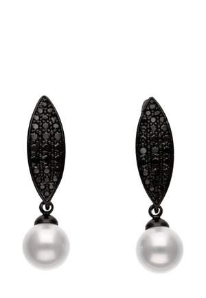 Black metal earrings with a textured leaf-shaped top and a white pearl dangling below. The design features smooth and polished surfaces.