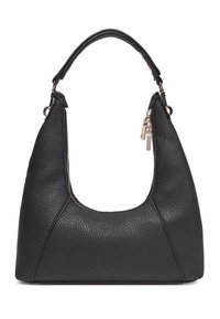 Sac à main en cuir noir avec une finition texturée, de forme incurvée et avec une courte poignée. Présente une fermeture à glissière et de petits accents métalliques.