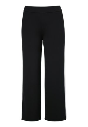 Sorte bukser med højtaljet, lige ben, bred linning, glat stof og uden synlige lommer eller pynt.