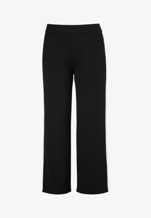 Schwarze, hoch taillierte Hose mit geradem Bein, breitem Bund, glattem Stoff und ohne sichtbare Taschen oder Verzierungen.