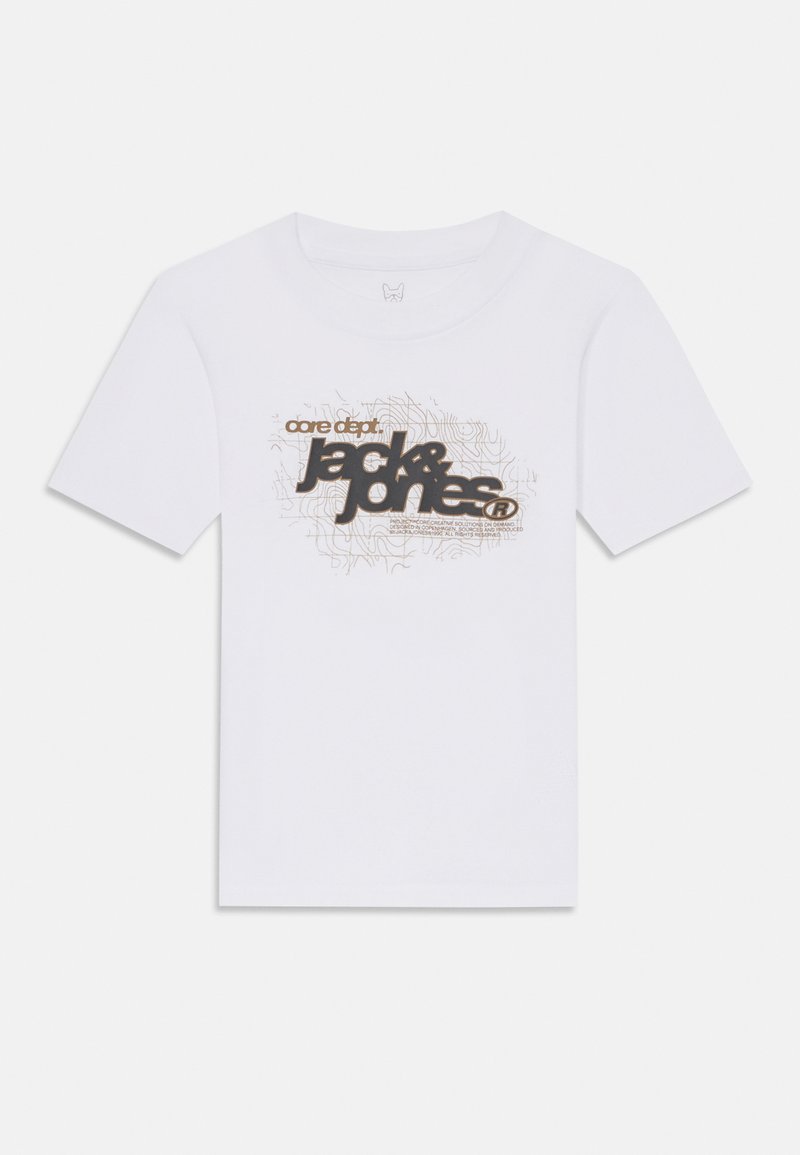 Valkoinen puuvillapaita, jossa on graafinen suunnittelu, jossa lukee "jack & jones" mustalla ja ruskealla, taustalla viivakuviot. Lyhyt hiha.