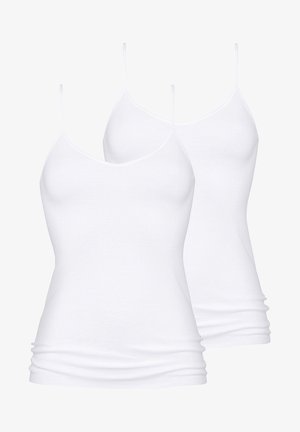 Zwei weiße Spaghetti-Top mit dünnen Trägern, aus weichem Baumwollstoff. Sie verfügen über ein V-Ausschnitt-Design und eine figurbetonte Silhouette.