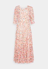 Maxiklänning med ett blommönster i rosa, orange och gröna nyanser. Tillverkad av lättviktsmaterial med puffärmar och rynkad midja.