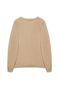 Beige sweater with a round neckline, long sleeves, and a soft, textured fabric. The back view shows minimal seams and a relaxed fit.