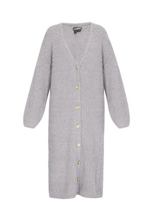 Dolgi sivi kardigan iz teksturirane pletenine, z V-izrezom, dolgimi rokavi in z zlatimi gumbi spredaj.