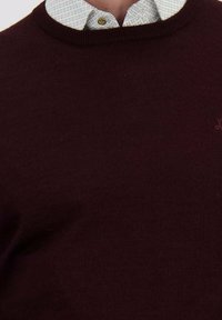 Bordeaux sweater met een ronde hals, gemaakt van zachte stof. Een gestreept wit shirt is zichtbaar eronder, met een knoopsluiting bij de kraag.