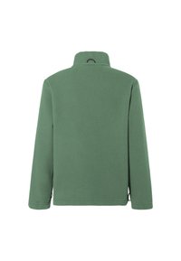 Groene fleece trui met een hoge kraag, lange mouwen en een zachte textuur. Beschikt over een ophanglus aan de achterkant en zijzoomaanpassingen.
