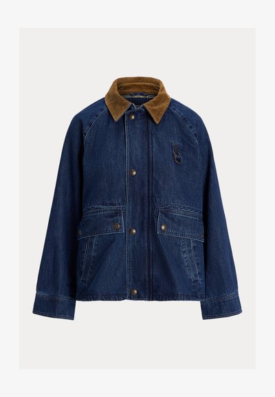 Denim jacket in dark blue with a brown corduroy collar, featuring two front pockets, silver hardware, and a loop detail on the left chest.