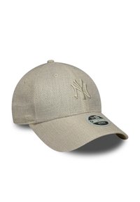 Beige Baseballkappe aus strukturiertem Stoff. Verfügt über ein gesticktes Logo und einen gewölbten Schirm. Enthält ein Größenetikett auf der Innenseite.