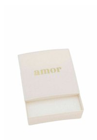 Piccola scatola rettangolare beige aperta con testo dorato 'amor' sul coperchio, vuota all'interno, posizionata su uno sfondo bianco.