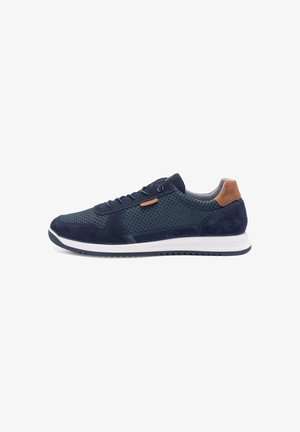 Men's navy blue sneaker featuring perforated synthetic upper, suede accents, white midsole, and textured rubber outsole. Lightweight design.