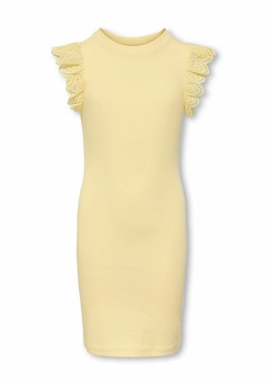 Sleeveless pale yellow dress with round neckline and ruffled lace detailing on shoulders, straight knee-length fit.