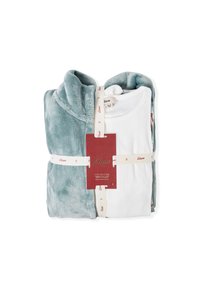 Dwuczęściowy zestaw składający się z miękkiej, puszystej, turkusowej bluzy z kapturem oraz białego, prążkowanego topu, zabezpieczony markową wstążką i metką, oznaczony rozmiarem S.
