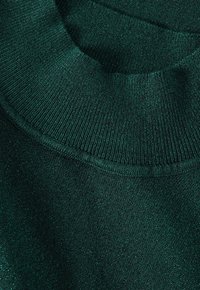 Ciemnozielony sweter z prążkowanym, okrągłym dekoltem. Materiał ma delikatny połysk i miękką, teksturowaną powierzchnię.