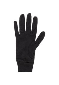 Gant en tissu noir avec un design à cinq doigts, texture côtelée, poignet élastique, adapté à divers usages.