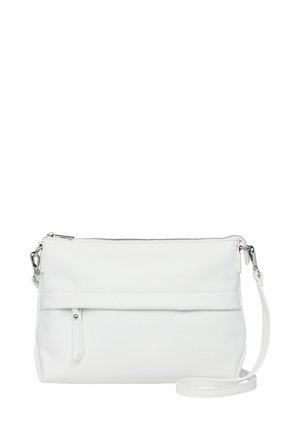 White leather crossbody bag with a zipper closure, textured surface, front zip pocket, and a detachable strap. Simple and modern design.
