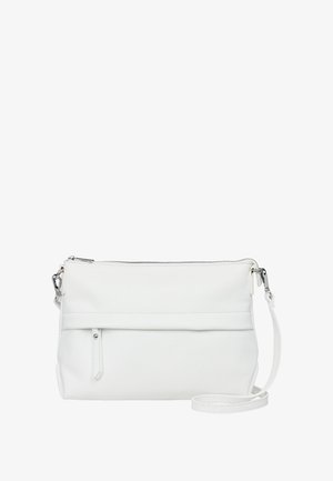 White leather crossbody bag with a zipper closure, textured surface, front zip pocket, and a detachable strap. Simple and modern design.