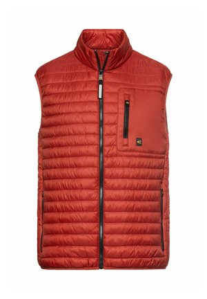 Rood doorgestikt mouwloos vest met hoge kraag, ritssluiting aan de voorkant, borstzak met verticale rits en twee zijzakken met rits.