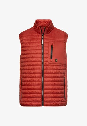 Rote, gesteppte, ärmellose Weste mit hohem Kragen, Frontreißverschluss, Brusttasche mit vertikalem Reißverschluss und zwei seitlichen Reißverschlusstaschen.