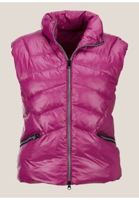 Magenta ärmellose Daunenweste mit hohem Kragen, Frontreißverschluss und zwei mit Reißverschluss versehenen Seitentaschen, die eine gesteppten Textur aufweist.