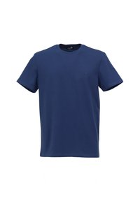 Marineblå kortærmet t-shirt lavet af bomuld. Har rund halsudskæring og et lille logo på venstre bryst. Glat tekstur over det hele.