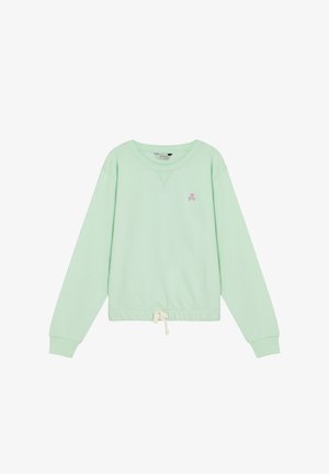 Sudadera de manga larga verde claro con cuello redondo, emblema de calavera rosa en el pecho y cordón blanco en el dobladillo.