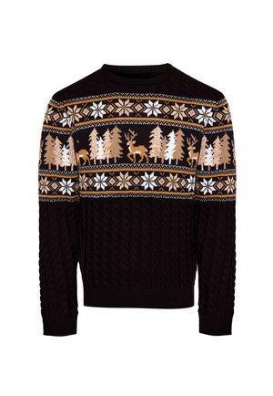 Maglione a maglia marrone scuro con motivi di renne, alberi di pino e fiocchi di neve beige e bianchi sul petto e sulle maniche.