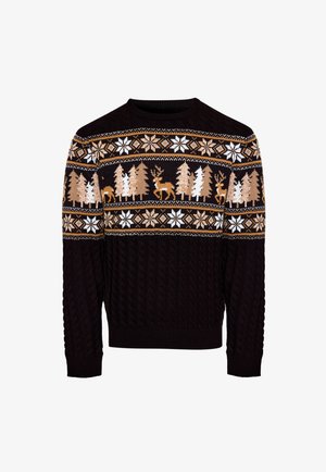 Tmavě hnědý pletený svetr s béžovými a bílými vzory sobů, borovicových stromů a sněhových vloček na hrudi a rukávech.