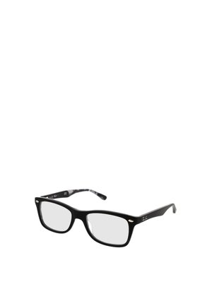 Schwarze rechteckige Brille mit klaren Gläsern und schlanken Bügeln, mit dezenten metallischen Akzenten nahe den Scharnieren.