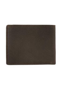 Cartera de cuero marrón oscuro con superficie texturizada, bordes redondeados y costuras contrastantes a lo largo del perímetro. Forma rectangular delgada.