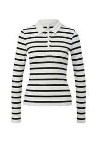 Gestreepte longsleeve polo met zwart-witte horizontale strepen, voorzien van een zachte kraag en een knoopsluiting met vijf knopen op een geribbelde structuur.
