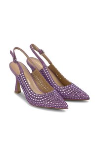 Décolleté viola con punta affusolata, dotati di una tomaia texture decorata con strass e un tacco a blocco di media altezza.
