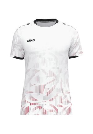 Wit sportshirt met korte mouwen met abstracte rode en grijze geometrische patronen, zwarte kraag en mouwranden en JAKO-logo op de borst.
