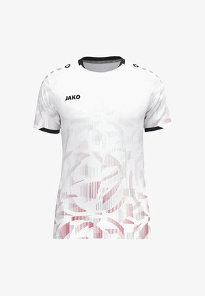 T-shirt de sport blanc à manches courtes avec motifs géométriques abstraits rouges et gris, col et bords de manches noirs, et logo JAKO sur la poitrine.
